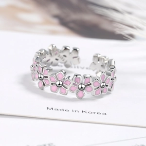Elegant S925 silver open ring featuring pink floral designs for women with Korea style