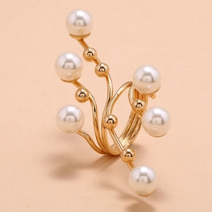 Artistic gold-tone branch ring with white pearls and multilayered wrap design for women