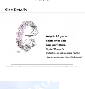 Detail showing 7mm wide pink flower ring dimensions and adjustable open band design