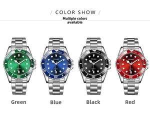 Detail showing men's quartz watches with steel bands in green, blue, black and red