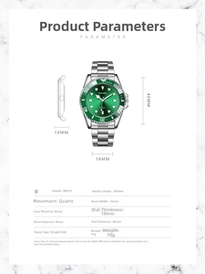 Detailed technical parameters of the green submariner men's quartz watch with steel band