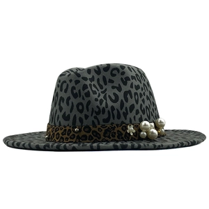 Fashionable grey leopard wool fedora with pearl trim and flat brim for women