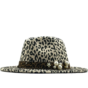 Leopard Print Wool Felt Fedora Hat Wide Brim Vintage Jazz Hat With Artificial Pearl And Flower Accents For Women