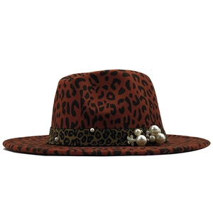 Stylish leopard print wide brim fedora hat with elegant pearl and floral ornaments