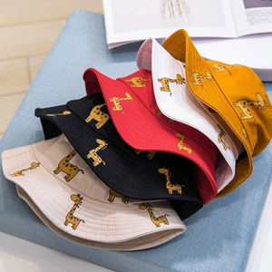 Cute cartoon giraffe bucket hats for kids in beige black red white and yellow
