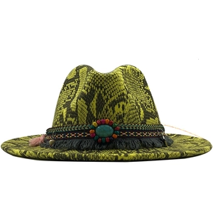 Bohemian Wide Brim Fedora Hat Wool Felt Snake Pattern With Faux Turquoise Braided Band And Tassel For Men Women