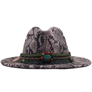 Python print fedora wool hat with turquoise beaded band and tassel decor