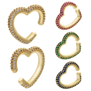 Golden heart ear cuffs set with colorful micro-pave cubic zirconia on white background