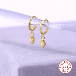 S925 sterling silver gold hoop earrings with sparkling zircon rhombus pendant