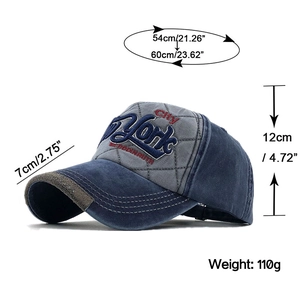 Detailed view of New York City embroidery on washed cotton baseball cap with sizing metrics