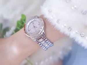 Macro shot of silver crystal-encrusted watch on a model's wrist with fur sleeve details