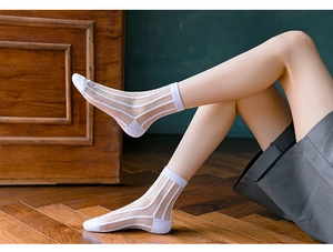Detailed view of white mesh crew socks with vertical stripes and cotton sole for comfort
