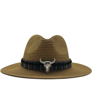 Straw Fedora Hat Wide Brim Western Cowboy Style With Ethnic Band Bull Head Metal Decor Sun Protection Beach Vacation