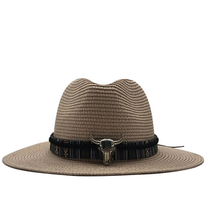 Outdoor western straw sun hat with ethnic woven band and silver bull head decoration