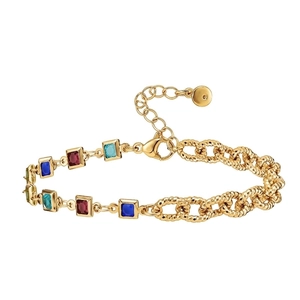 Bracciale Placcato Oro 18K Moda Con Zircone Quadrato Multicolore Regolabile Catena Maglie Asimmetrica Donna