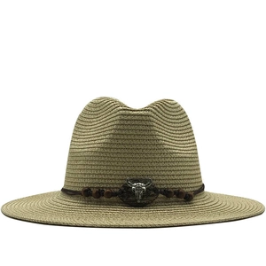 Western Cowboy Fedora Straw Hat Wide Brim Sun Protection Vintage Bohemian Bull Skull Beaded Band Beach Sunshade