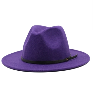 Elegant purple wool fedora hat with wide brim and black leather buckle band