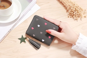 Short grey PU leather wallet with heart embroidery, star charm and tassel details