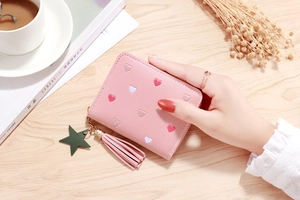 Pink PU leather short wallet with heart embroidery, fringe tassel, and star pendant