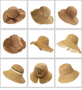 Collage di cappelli di paglia fatti a mano con fiocchi e motivi traforati