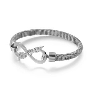 Silver infinity forever mesh bracelet in stainless steel with a high-polished finish