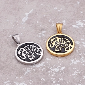 Golden and silver elephant pendant necklaces with black background and stylized pattern