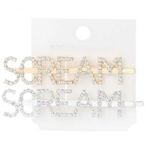 Detail of silver and gold metal hair clips with rhinestone SCREAM lettering sets