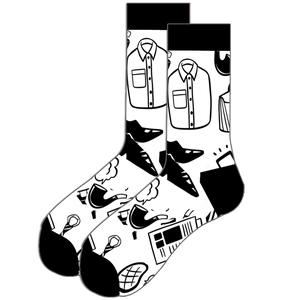 Detail of retro business illustrations on crew socks featuring shirt and pipe patterns