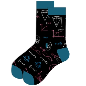 Detail shot of black crew socks featuring science formulas like E=mc² and cyan accents