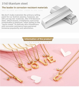 Detailed view of 316L stainless steel gold letter pendants with sparkling zirconia stones
