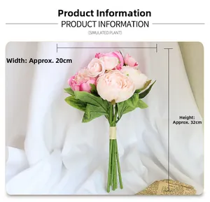 Detail of pink gradient peony bouquet with green leaves and dimensions 32x20cm