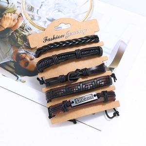 5-piece vintage braided leather bracelet set for men in black and brown with dream plate