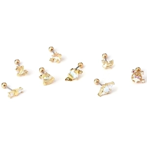 Golden 20G stainless steel ear piercing set with rainbow opal stones and screw back balls
