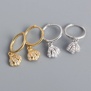 925 Sterling Silver Shell Pendant Hoop Earrings With Clear Zircon Inset Island Style Elegant Jewelry For Women