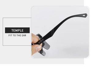 Detail of matte black temples with decorative logo and ergonomic curved ear fit design