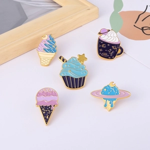 Creative cartoon space themed ice cream enamel pins in gold finish for clothing decoration