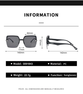 Detailed technical drawing of oversized black square sunglasses with precise dimensions