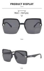 Detail view showing front and side profile of semi-rimless square sunglasses with metal logo