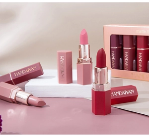 Matte hexagonal lipstick set waterproof long-lasting velvet lip makeup detail product display.