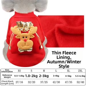 Size chart for Christmas dog clothes showing chest and back length for XS to 2XL sizes