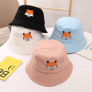 Kids cartoon fox embroidery sun hats set in black, white, blue and pink cotton canvas