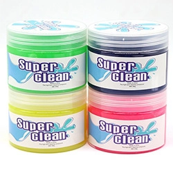 Four jars of colorful high-tech cleaning slime in green, blue, yellow, and pink, 100g each