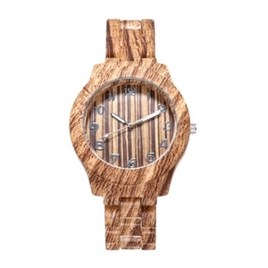 Bamboo style wooden watch with unique wood grain dial and silver numerals on white background