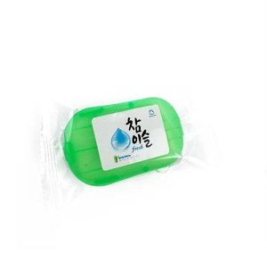 Portable green paper soap sheets in a mouse-shaped box for outdoor hand washing