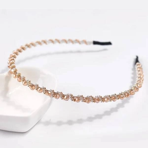 Detail of crystal beaded headband with champagne faceted stones on rose gold metal frame