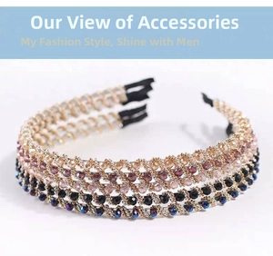 Close-up of four thin crystal headbands in gold, pink, silver and blue rhinestones