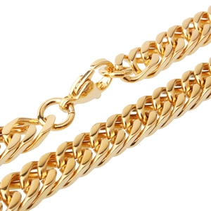 Macro shot of 8mm gold titanium steel Cuban link necklace with a secure lobster clasp