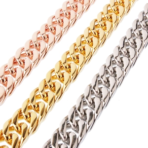 Macro shot of 8mm Cuban link chains in gold, silver, and rose gold finishes on white background