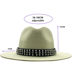Beige fedora straw sun hat for women with pearl and rhinestone decorative ribbon