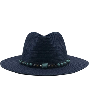 Navy blue fedora straw hat for women with ethnic turquoise beaded band and wide brim